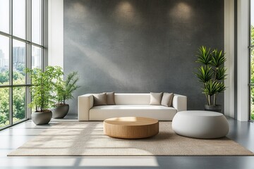 Aufkleber - Modern lounge area featuring stylish chairs and vibrant plants in a well-lit space with large windows during daytime