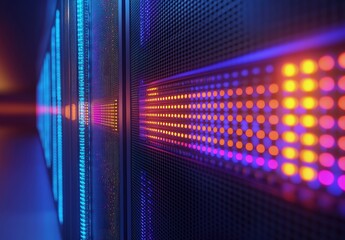 Poster - Close-up view of illuminated server racks with glowing orange, purple, and blue LED indicators. Ideal for cyber visuals, data tech branding, and IT system interface concepts