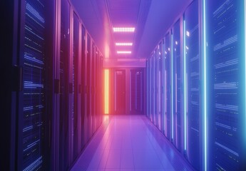 Poster - Colorful data center hallway with pink, purple, and blue ambient lighting reflecting off sleek server racks. Great for AI infrastructure, tech branding, and futuristic IT themes