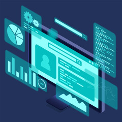 Poster - Computer monitor with blue virtual holographic projections with graphs and charts for data analysis. Analytics data on monitor. Web development concept. Isometric technology