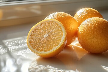 Aufkleber - Fresh oranges with green leaves arranged on a bright counter illuminated by sunlight in a cozy kitchen setting