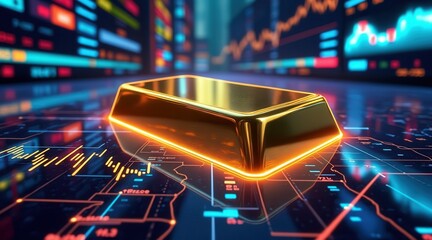Aufkleber - Golden bar on a digital background representing wealth and finance.