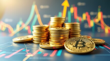 Poster - Stacks of Bitcoin coins with financial graphs and data trends in the background.
