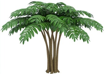 lush, green palm tree with multiple slender trunks and broad, vibrant fronds, isolated on white