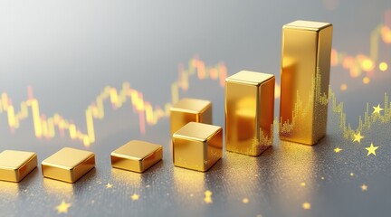 Leinwandbilder - Golden bars represent growth in financial markets with abstract graphs in the background.