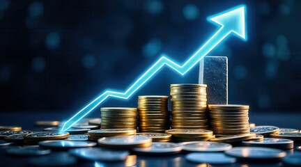 Fototapete - Growing financial success represented by coins and an upward graph arrow.