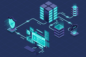 Fototapete - VPN protection with a shield. Virtual private network security technology concept. Cyber security. Isometric technology