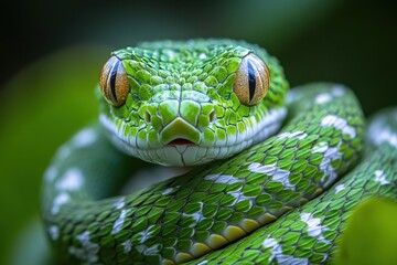 Aufkleber - Close-up of a vibrant green tree snake resting on foliage in a lush habitat showcasing intricate scales and captivating golden eyes in the wild during daylight