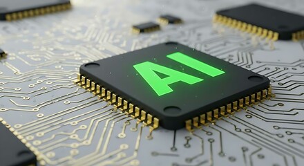 Aufkleber - Close up view of a microchip with lit artificial intelligence text on it. Ai cpu concept. Technology background chip with green ai text. Ai tech.