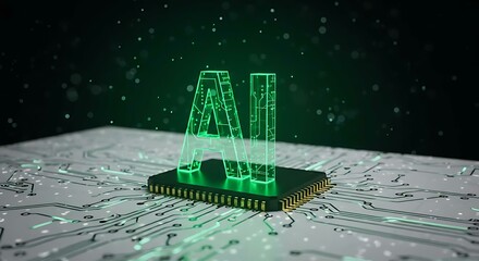 Aufkleber - Close up view of a microchip with lit artificial intelligence text on it. Ai cpu concept. Technology background chip with green ai text. Ai tech.