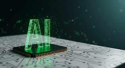 Aufkleber - Close up view of a microchip with lit artificial intelligence text on it. Ai cpu concept. Technology background chip with green ai text. Ai tech.