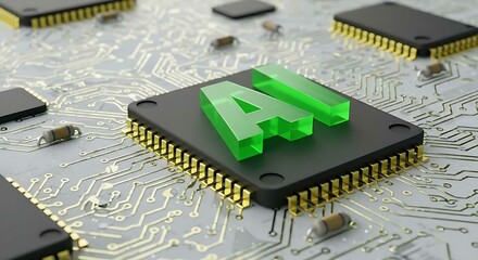 Aufkleber - Close up view of a microchip with lit artificial intelligence text on it. Ai cpu concept. Technology background chip with green ai text. Ai tech.