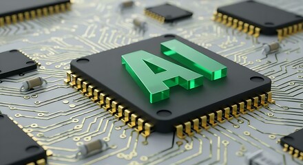 Aufkleber - Close up view of a microchip with lit artificial intelligence text on it. Ai cpu concept. Technology background chip with green ai text. Ai tech.
