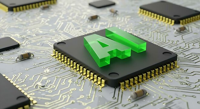 Close up view of a microchip with lit artificial intelligence text on it. Ai cpu concept. Technology background chip with green ai text. Ai tech.
