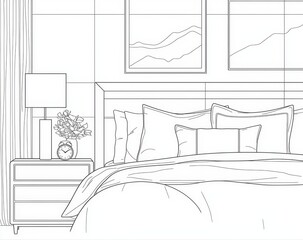 Continuous line art design of bedroom furniture including bed and side table.