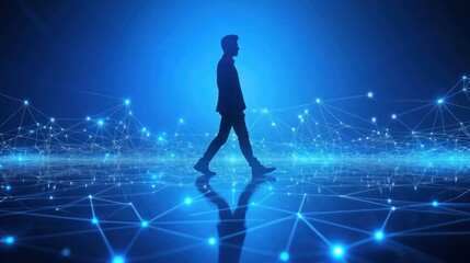 Poster - silhouette of a businessman walking through a digital network backdrop