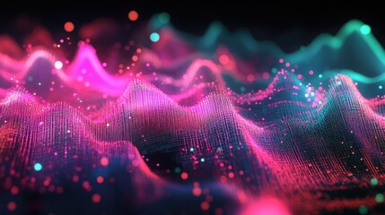 Poster - Abstract digital wave patterns with glowing particles in vibrant colors