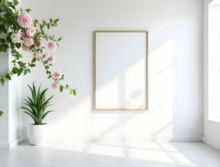 Poster - A white rectangular photo frame hangs on a white wall