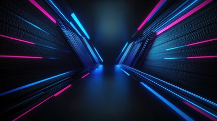Poster - Futuristic neon tunnel with blue and pink lights digital abstract background