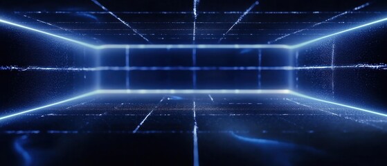Poster - Futuristic digital corridor with glowing blue lines and grid pattern