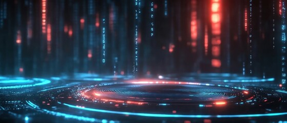 Fototapete - Futuristic digital landscape with glowing blue and red data streams