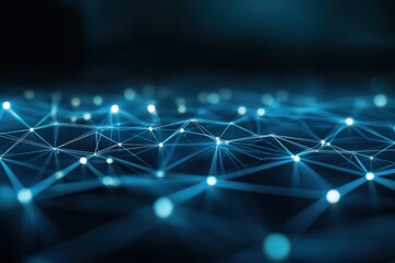 Fototapete - Abstract blue digital network background with glowing nodes and connections