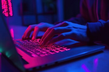 Poster - Hands typing on a laptop with neon lighting at night