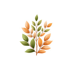 Poster - Vibrant orange green and brown leaves arranged on a plant stem against a plain white background creating a natural seasonal display