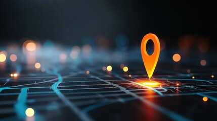 Aufkleber - 3D illustration of glowing orange location pin icon on digital map with blurred bokeh background, hyper-realistic details, cinematic lighting, professional color grading on white backdrop for technolo