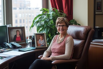 Poster - Professional woman working at home office desk in cozy environment during daytime, focused on laptop and surrounded by organized shelves
