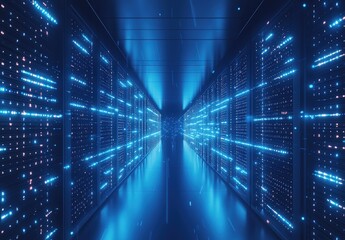 Poster - Futuristic data center hallway with rows of illuminated blue servers and digital light trails. Great for themes like data transfer, cybersecurity, or AI technology