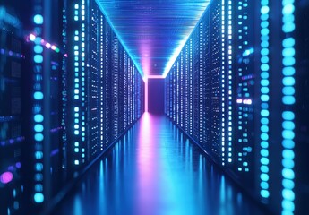 Poster - High-tech server corridor with glowing blue and purple LED lights creating a vibrant futuristic atmosphere. Perfect for tech ads, cybersecurity visuals, or cloud computing themes