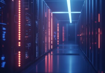 Poster - Futuristic server room with deep blue and red neon lights illuminating sleek racks in a quiet tech corridor. Great for network tech, data security, or digital infrastructure designs