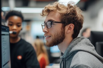 Aufkleber - Data analyst working on a computer in a modern workspace with large screen displaying charts and code in an urban cafe during daytime