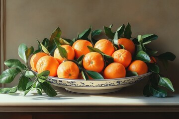 Aufkleber - Fresh oranges in a decorative bowl arranged with green leaves capturing sunlight in a cozy kitchen setting