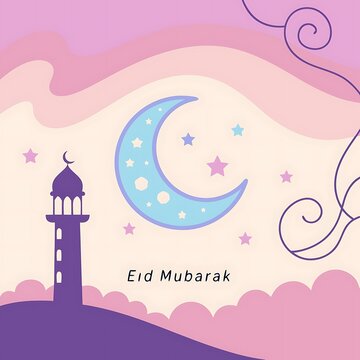  Eid Mubarak typography with moon shape and sky background  mosque vector illustration of mosque in the sky