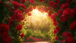 © Keopaserth - beautiful garden filled with vibrant red roses creates stunning archway, illuminated by soft sunlight. This enchanting scene evokes feelings of romance and tranquility
