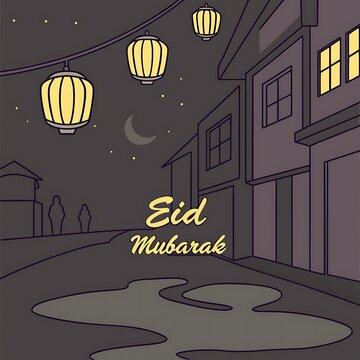  Eid Mubarak typography with moon shape and sky background islamic mosque in the night street in the night