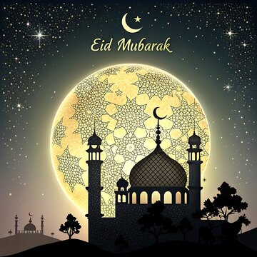 Eid Mubarak typography with moon shape and sky background islamic mosque in the night