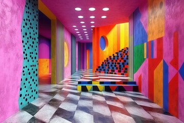 Poster - Vibrant and colorful interior design featuring bold patterns and geometric shapes in a modern architectural space during daylight hours