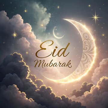 Eid Mubarak typography with moon shape and sky background 