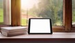 © Beste stock - digital tablet with blank screen on books near window sill