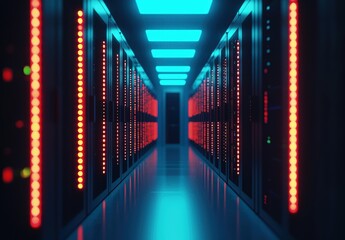 Poster - Futuristic server hallway illuminated with vibrant red and blue lighting, showcasing data center energy and security, perfect for tech branding or IT security visuals