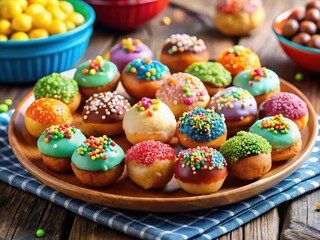Poster - wooden tray holds twelve colorful sprinkle-topped donuts in various shades of blue, green, red, yellow, and purple.