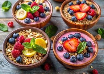 Poster - Four bowls of yogurt parfait with granola, raspberries, blueberries, lemon slices, and mint leaves.