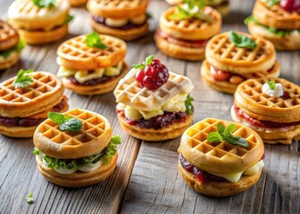 Poster - Waffles stacked on wooden table, topped with berries and whipped cream.
