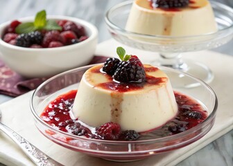 Poster - dessert in glass bowl with berries on top, next to another bowl of same dessert.