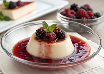 Poster - dessert in glass bowl topped with berries and mint leaf.