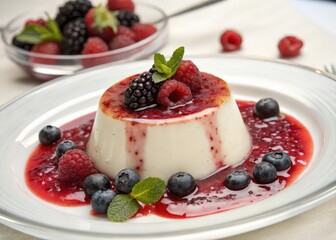 Poster - dessert with berries on top, served in bowl, placed on table.