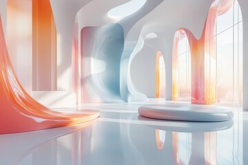 Aufkleber - Contemporary interior design showcasing organic shapes and vibrant colors in a minimalist space illuminated by natural light